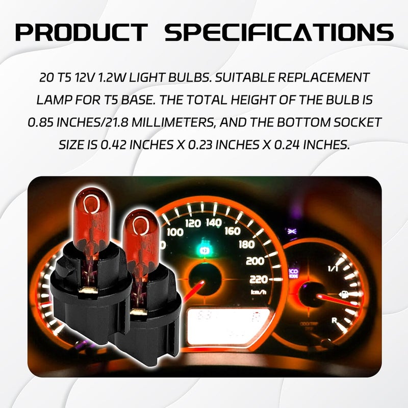 QQWD 20PCS T5 17 57 86 Halogen Instrument Cluster Bulbs Kits, 12V Dash Light for Car Interior, Automotive Replacement Gauge Cluster Panel Bulb with T5 Sockets, Universal Lighting Accessories（Amber - Image 3